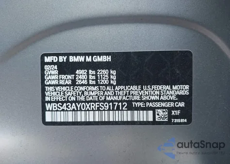 2024 BMW M3 Competition xDrive из США, поврежденный, VIN WBS43AY0XRFS91712